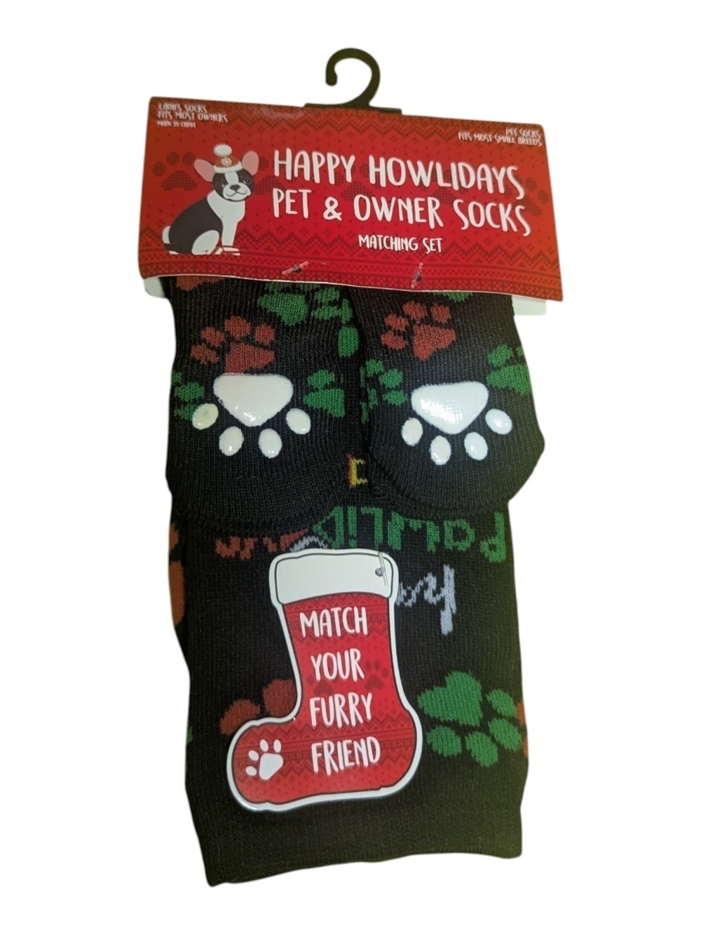 Happy Howlidays Pet & Owner Socks - Black Green & Red Paw Prints